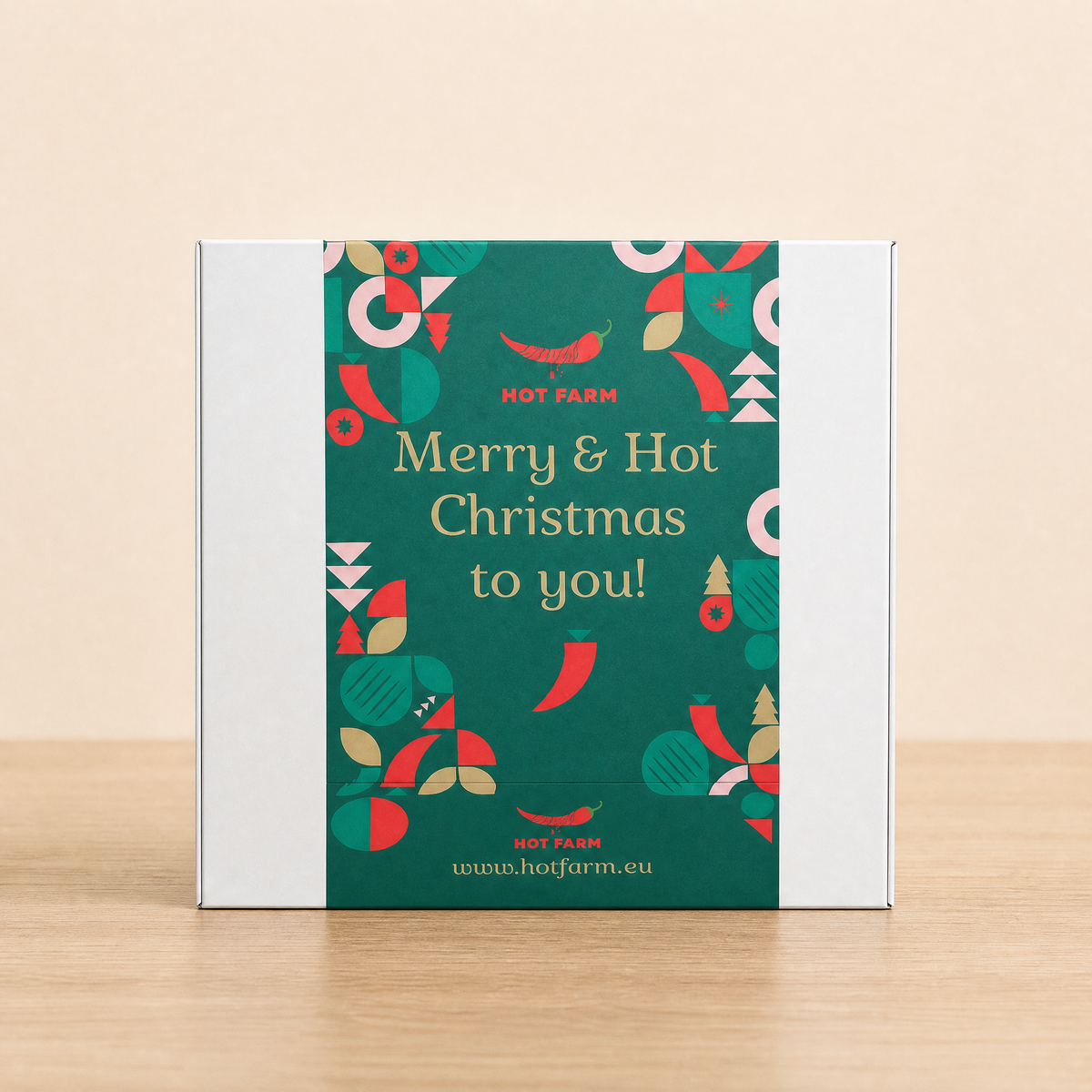 Hot Farm Christmas gift box in green with a Merry & Hot Christmas message