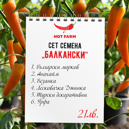 Balkanski chili seed set featuring traditional and decorative Balkan pepper varieties.

