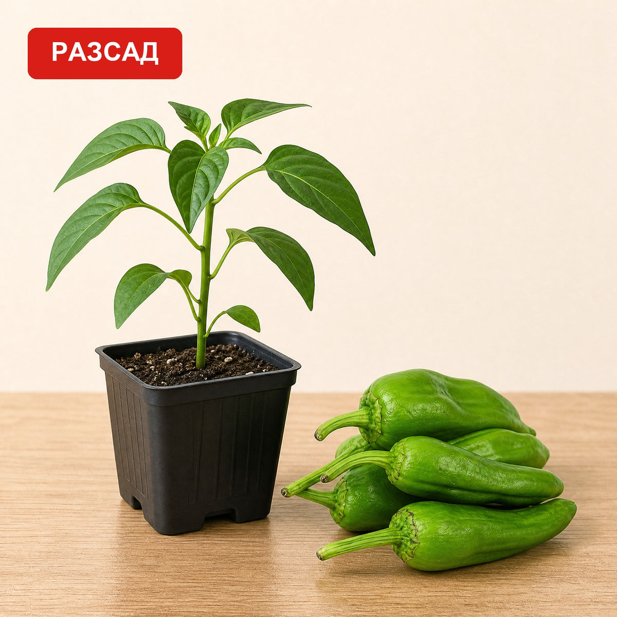 Padrón seedling in a black pot next to green Padrón peppers