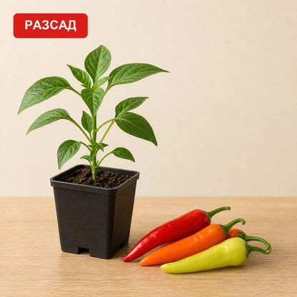 Hungarian Yellow seedling in a pot next to long red, orange and yellow-green peppers