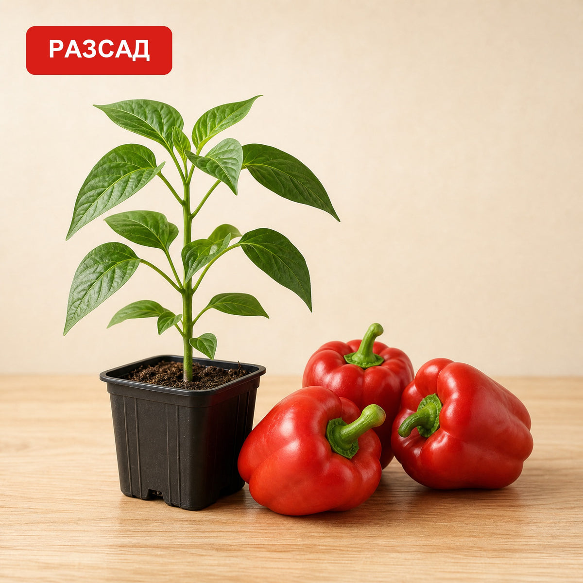 Kambichki Calabrese seedling in a pot next to red bell-shaped peppers