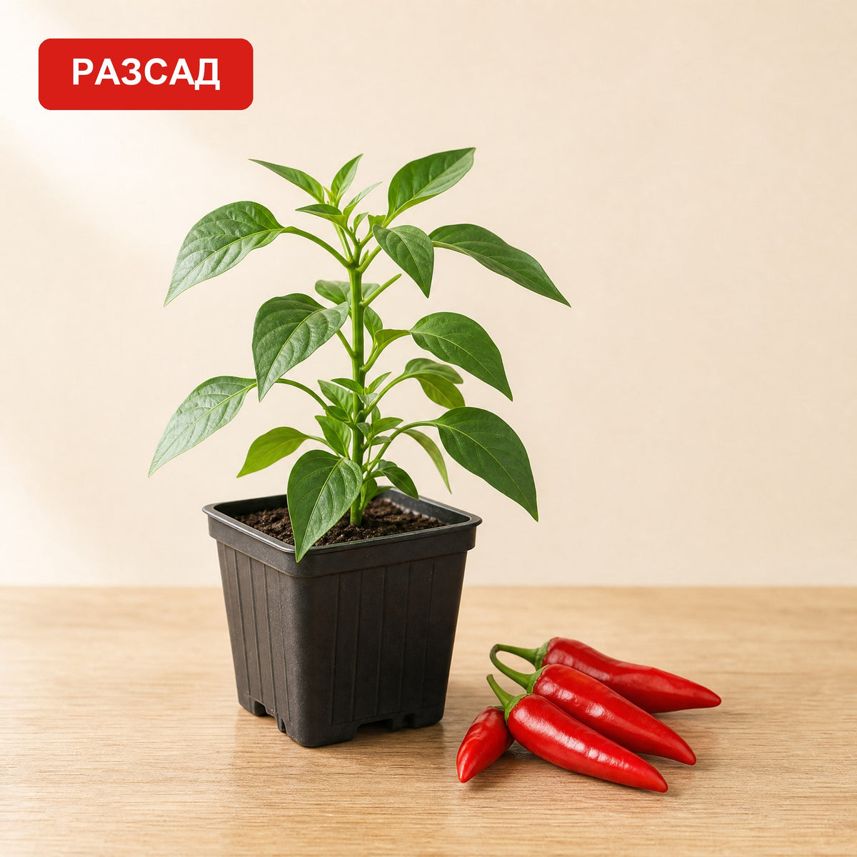 Peperoncino Etna seedling in a pot next to small, pointed red peppers