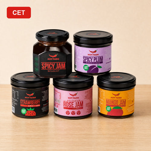 Hot Farm spicy jam set: hot pepper, strawberry, plum, rose and mango jams