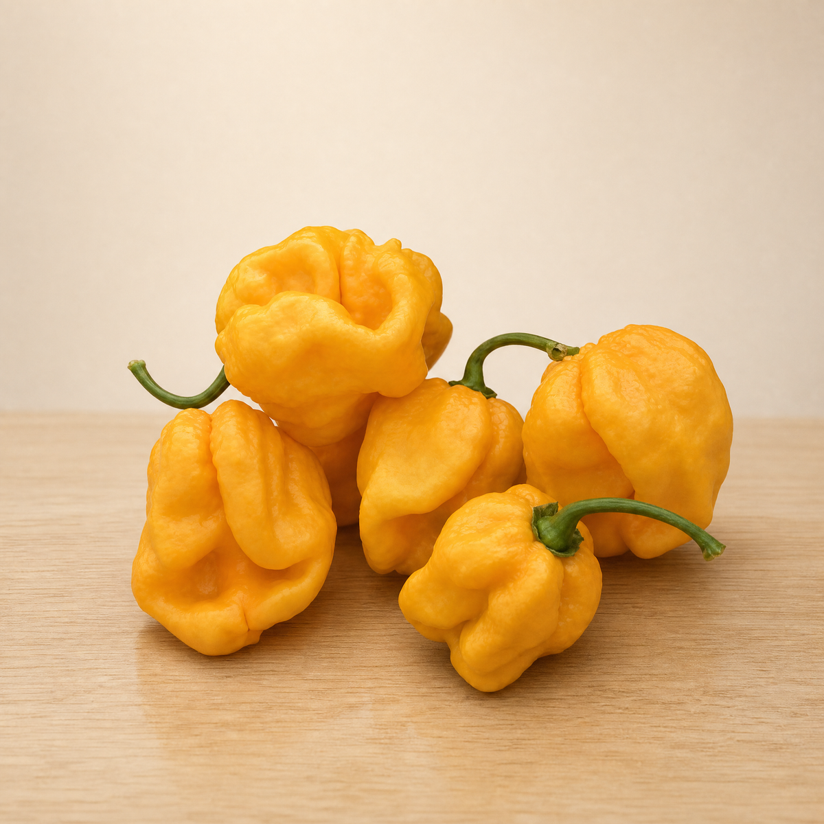 Fresh yellow Trinidad Moruga Scorpion peppers with wrinkled skin