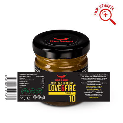 Love and Fire Hottest Puree made with Trinidad Scorpion, Naga, and 7 Pot peppers for an intense spicy experience.