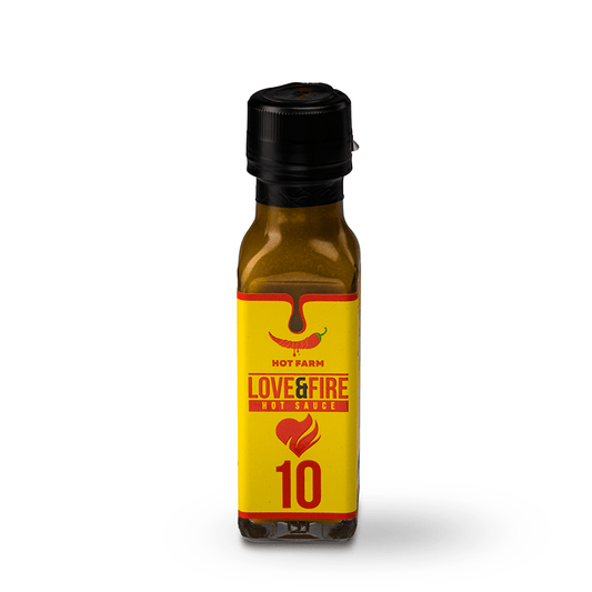 Love&Fire Hot Sauce – A fiery blend of the hottest yellow peppers, including Trinidad Scorpion, Naga, and 7 Pot, with a citrusy aroma.